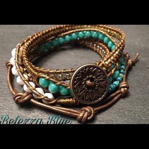 Leather and glass beaded wrap bracelet